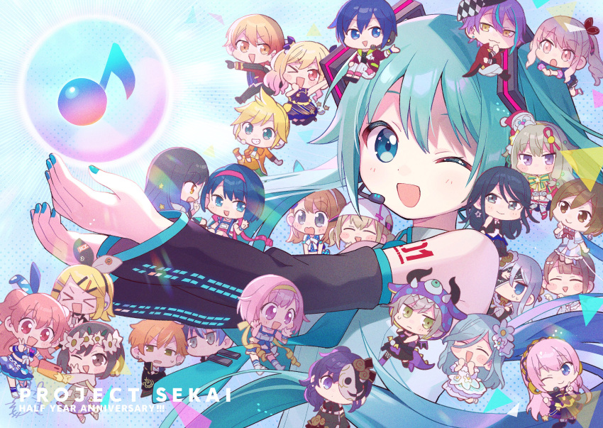 >_< >_o 1other 25-ji_nightcord_de._(project_sekai) 6+boys 6+girls ;) ^_^ absurdres akiyama_mizuki ameagari_no_ichibanhoshi_(project_sekai) anniversary aoyagi_touya apron aqua_eyes aqua_hair aqua_nails aqua_necktie asahina_mafuyu azusawa_kohane baseball_cap black_hair blonde_hair blue_background blue_bow blunt_bangs blush_stickers bow brother_and_sister brown_eyes brown_hair carnival_mask cellphone checkered chestnut_mouth chibi chibi_inset closed_eyes cloud_print colored_eyelashes colored_tips commentary copyright_name crop_top cupping_hands detached_sleeves diffraction_spikes dot_nose dress earrings eighth_note empty_eyes everyone expressionless fingernails fishnets floating_hair flower glowing green_eyes grey_eyes grey_hair hair_flower hair_ornament hairbow hairclip hanasato_minori hands_up hashire!_taiikumatsuri!_~jikkou_iin_wa_ooisogashi~_(project_sekai) hat hatsune_miku head_wreath headband headphones headset hibiku_twilight_parade_(project_sekai) highres hinomori_shiho hinomori_shizuku hood hoodie horns hoshino_ichika_(project_sekai) idol idol_clothes jacket jewelry kagamine_len kagamine_rin kaito_(vocaloid) kamikou_festival!_(project_sekai) kamishiro_rui kiritani_haruka kusanagi_nene leo/need_(project_sekai) light_rays lightning_bolt_earrings lightning_bolt_symbol long_hair looking_at_viewer mask mask_over_one_eye medium_hair megurine_luka meiko_(vocaloid) mitasarenai_pale_color_(project_sekai) mochizuki_honami mole mole_under_eye momoi_airi more_more_jump!_(project_sekai) multicolored_hair multiple_boys multiple_girls musical_note neck_ribbon necktie no_mouth no_nose number_tattoo object_floating_above_hand oerba_yun_fang official_alternate_costume one_eye_closed ootori_emu open_mouth orange_hair own_hands_together phone pink_eyes pink_hair pointing polka_dot polka_dot_background project_sekai purple_eyes purple_hair red_bow red_eyes red_jacket ribbon santa_hat selfie shinonome_akito shinonome_ena shiraishi_an shirt short_hair short_ponytail shoulder_tattoo siblings sidelocks simple_background sisters sleeveless sleeveless_shirt smartphone smile smirk star_(symbol) star_earrings star_hair_ornament star_ornament streaked_hair striped striped_ribbon stud_earrings sweatdrop tattoo tenma_saki tenma_tsukasa toraware_no_marionette_(project_sekai) triangle twintails two-tone_bow two_side_up uso_(ameuzaki) v v-shaped_eyebrows very_long_hair vivid_bad_squad_(project_sekai) vivid_bad_squad_rin vocaloid white_flower wonderlands_x_showtime_(project_sekai) wonderlands_x_showtime_len yellow_eyes yellow_headband yoisaki_kanade zenryoku!_wonder_halloween!_(project_sekai)