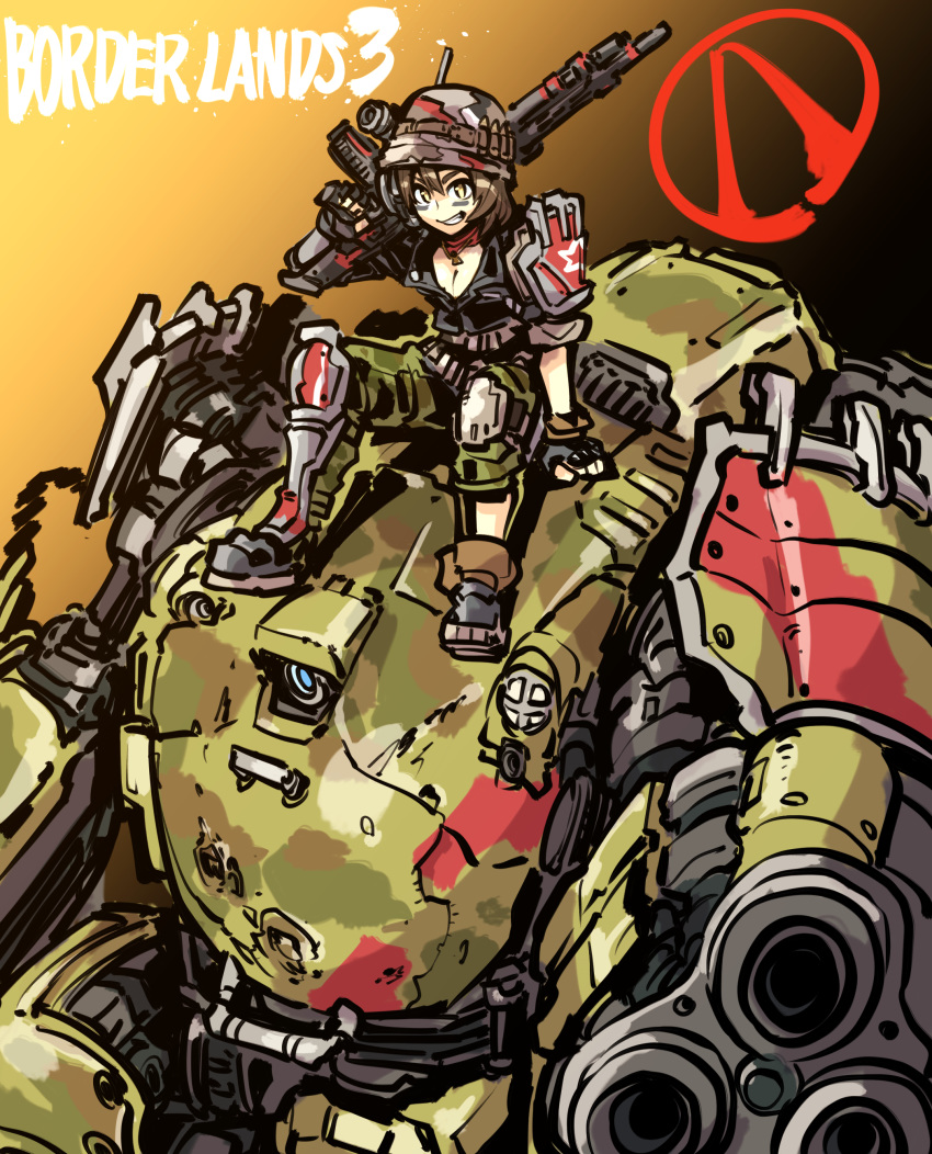 absurdres arm_cannon armored_boots assault_rifle black_gloves blue_eyes boots borderlands_(series) borderlands_3 breasts brown_hair cleavage copyright_name facepaint female fingerless_gloves gloves gun helmet highres iron_bear_(borderlands) ishiyumi looking_at_viewer mecha moze_(borderlands) one-eyed over_shoulder rifle robot science_fiction sitting smirk weapon yellow_eyes