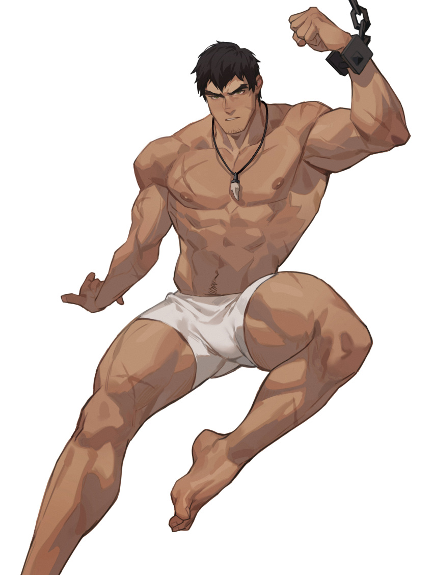 1boy abs absurdres amo9612 bara black_hair boxers bulge chained chains dark-skinned_male dark_skin davion_(dota:dragon's_blood) dota:dragon's_blood facial_hair foot_out_of_frame forked_eyebrows goatee highres large_pectorals light_blush looking_at_viewer male_focus male_underwear mature_male muscular muscular_male navel navel_hair nipples pectorals scar scar_on_chest short_hair sideburns solo stomach stubble thick_thighs thighs tooth_necklace underwear underwear_only white_male_underwear