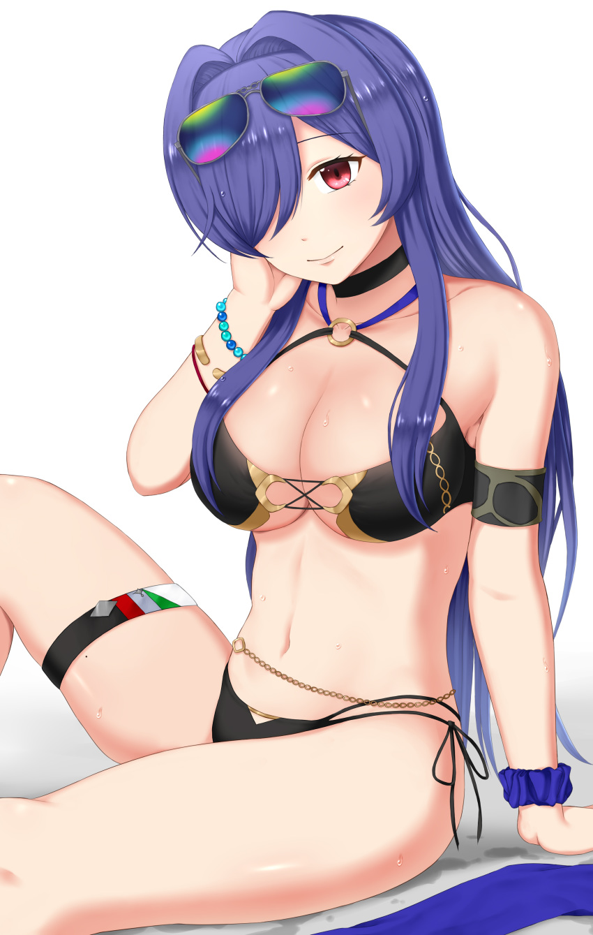 absurdres arm_support azur_lane bare_shoulders bead_bracelet beads belly_chain bikini black_bikini black_choker bracelet breasts choker cleavage collarbone commentary eyewear_on_head female groin hair_intakes hair_over_one_eye hand_on_own_cheek hand_on_own_face highres jewelry large_breasts long_hair looking_at_viewer midriff mole mole_on_thigh multi-strapped_bikini navel o-ring o-ring_bikini official_alternate_costume pazuzu438 purple_hair purple_scrunchie red_eyes scrunchie shadow side-tie_bikini_bottom sidelocks simple_background sitting skindentation smile solo sunglasses sweat swimsuit thigh_strap trento_(azur_lane) trento_(summer's_hotness?)_(azur_lane) very_long_hair white_background wrist_scrunchie wristlet