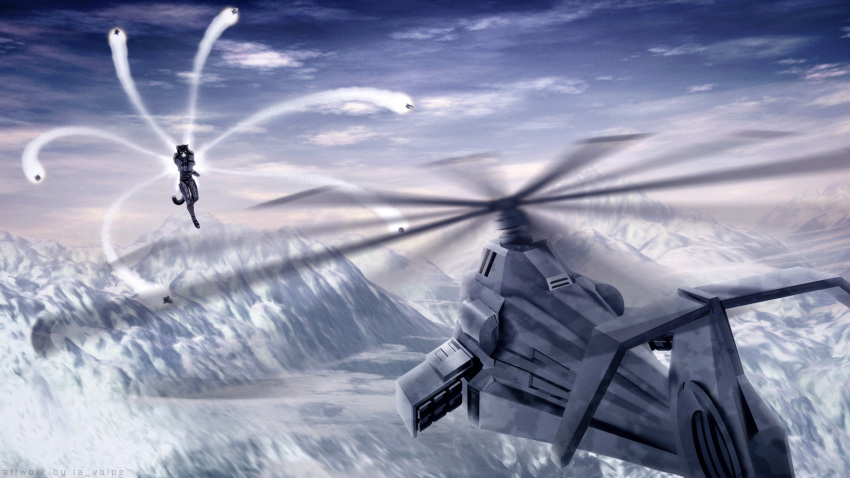 16:9 3d_(artwork) adam_sung aircraft armor black_body black_fur blue_eyes bodysuit clothing digital_media_(artwork) domestic_cat felid feline felis fur gun helicopter hi_res jet_pack la_volpe male mammal mountain pink_nose ranged_weapon rocket skinsuit snow solo tight_clothing vehicle weapon whiskers white_body white_fur widescreen