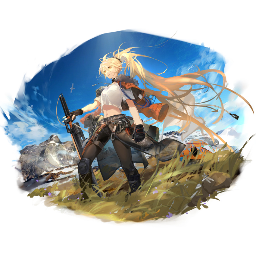 black_gloves black_pants blonde_hair boots carabiner cloud cloudy_sky female fingerless_gloves full_body fur-trimmed_jacket fur_trim game_cg girls'_frontline girls'_frontline_neural_cloud gloves grass highres jacket jacket_on_shoulders knee_pads long_hair midriff mountain navel official_art orange_jacket outdoors pants ponytail porafree shirt short_sleeves single_knee_pad sky sol_(neural_cloud) solo sword t-shirt tent transparent_background very_long_hair weapon white_shirt yellow_eyes