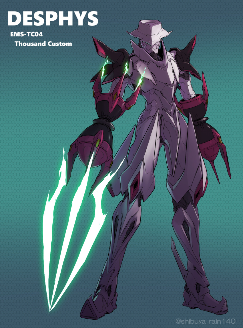 awatobi character_name claws crossbone_gundam crossbone_gundam_ghost desphys energy_claws green_background gundam highres mecha mobile_suit no_humans robot science_fiction solo twitter_username