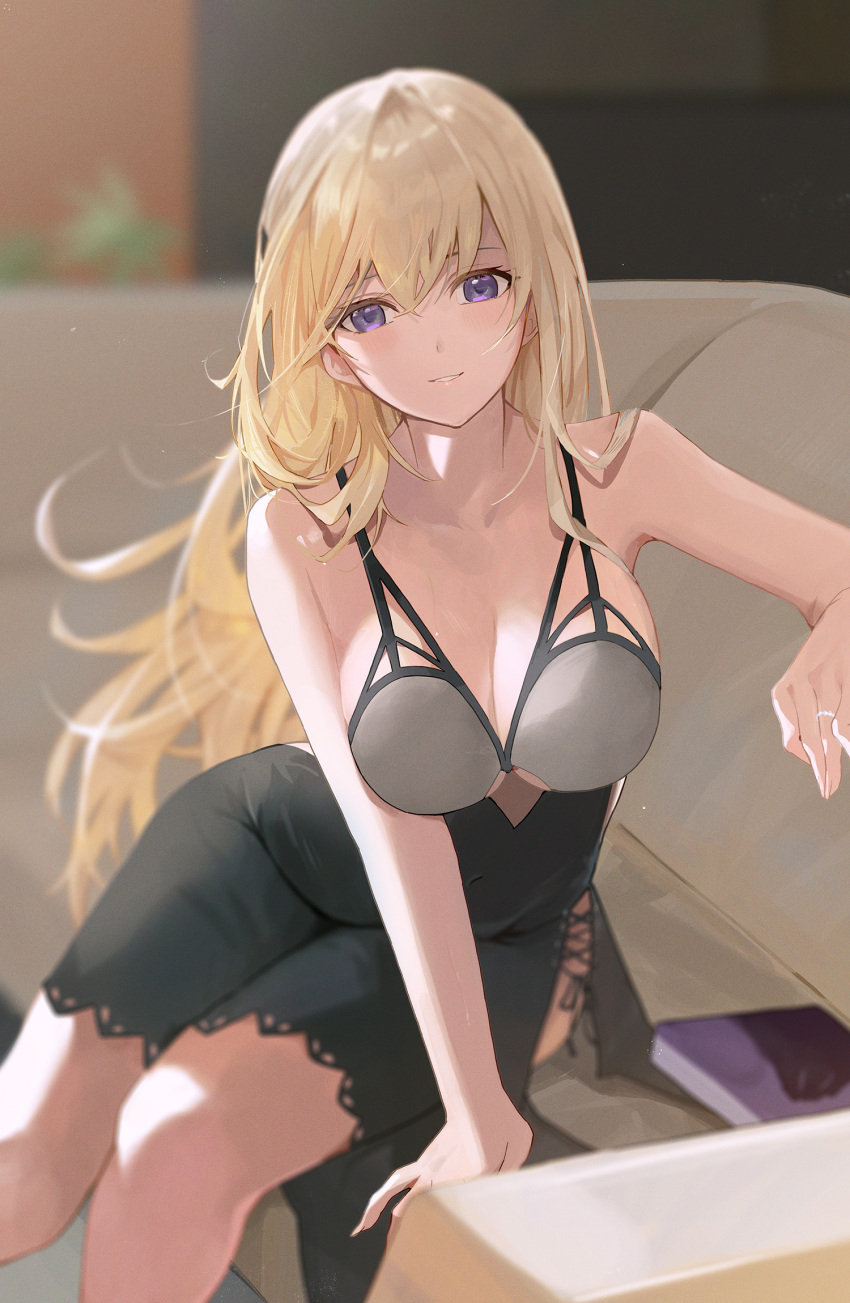 bare_arms bare_shoulders black_dress blonde_hair blurry book breasts commentary commission couch depth_of_field dress female hair_between_eyes highres jewelry large_breasts leaning_to_the_side long_hair nightgown on_couch original parted_lips purple_eyes ring sitting skeb_commission sleeveless sleeveless_dress smile solo thighs tomura2maru wedding_ring