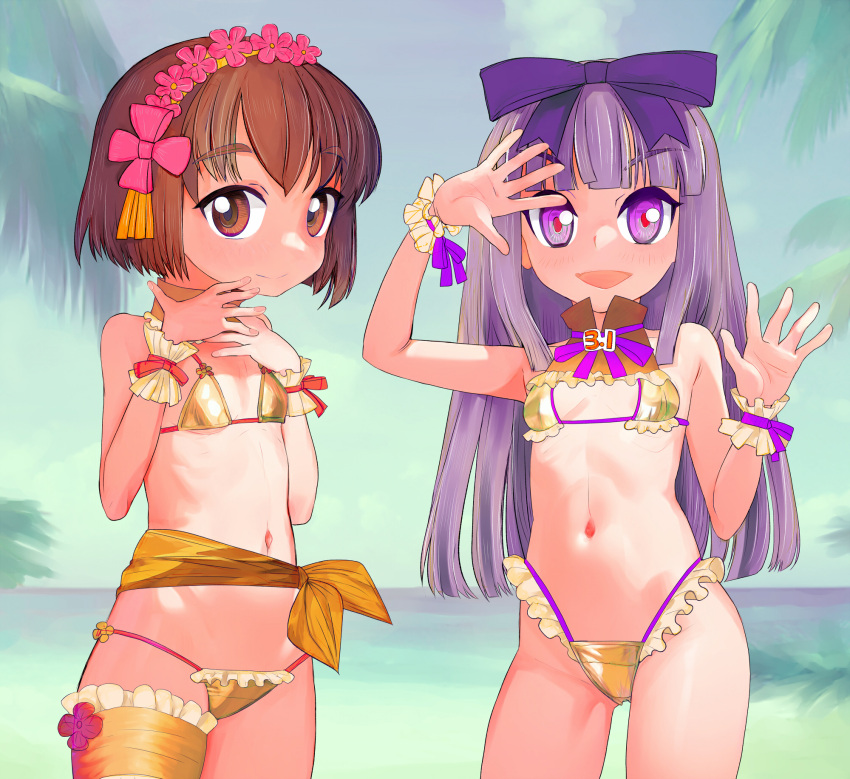 1.0-tan 2girls 3.1-tan :d bikini blunt_bangs bow breasts bridal_garter brown_eyes brown_hair cleavage closed_mouth cowboy_shot flower gold_bikini hairband hairbow hands_up highres hime_cut legs_apart legs_together light_purple_hair long_hair looking_at_viewer multiple_girls navel neck_ribbon open_mouth os-tan pink_flower purple_bow purple_eyes purple_pupils purple_ribbon red_pupils ribbon short_hair small_breasts smile split_mouth standing swimsuit tsukiyono_aroe yellow_flower yellow_hairband