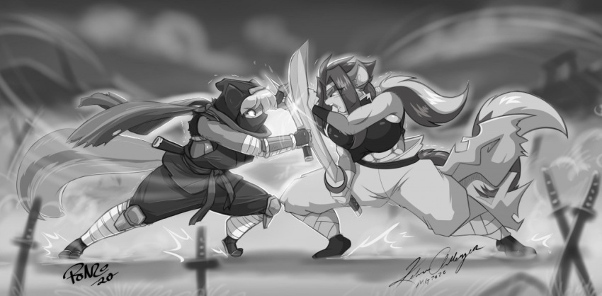 anthro clothing cloud duel duo female fight greyscale male male/female mammal mastergodai melee_weapon monochrome ninja quick_bourne rascals rodent samurai scarf sciurid shonuff sword torn_clothing warrior weapon wind