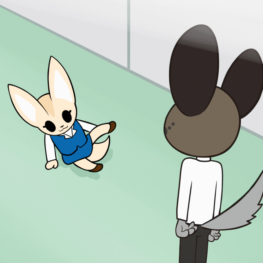 1:1 aggretsuko animated animation_meme anthro blackmore bottomwear breakdancing canid canine cat_breakdancing_meme clothing dancing digital_media_(artwork) duo female fennec_fox fenneko footwear fox frame_by_frame haida_(aggretsuko) hyena male mammal meme sanrio short_playtime skirt spotted_hyena standing true_fox