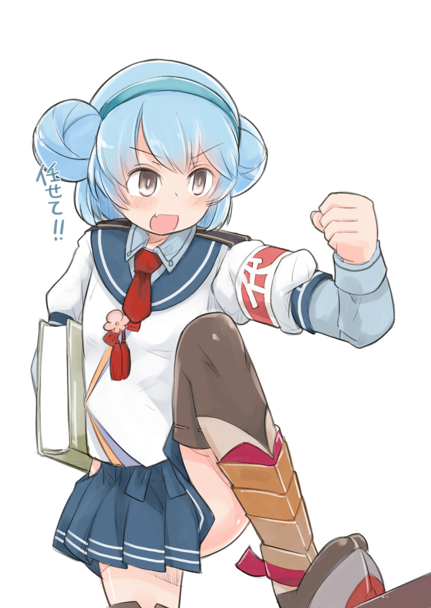 armband bad_id bad_pixiv_id blue_hair blue_hairband blue_skirt brown_eyes commentary_request cosplay double_bun enjaku_izuku female hair_bun hairband highres hip_vent kantai_collection long_sleeves miniskirt ooyodo_(kancolle) ooyodo_(kancolle)_(cosplay) pleated_skirt samuel_b._roberts_(kancolle) school_uniform serafuku short_hair skirt solo thighhighs yellow_eyes