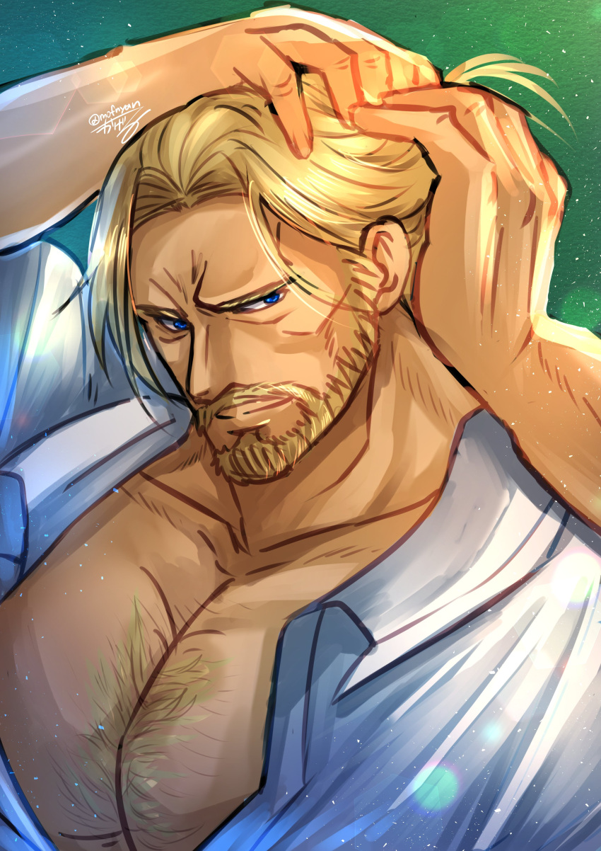 1boy absurdres alternate_body_hair bara cheekbones chest_hair guile highres huge_pectorals kageru_(mofnyan) looking_at_viewer male_focus mature_male muscular muscular_male official_alternate_costume official_alternate_hair_length official_alternate_hairstyle partially_unbuttoned pectoral_cleavage pectorals seductive_smile smile solo street_fighter street_fighter_6 thick_eyebrows tying_hair upper_body