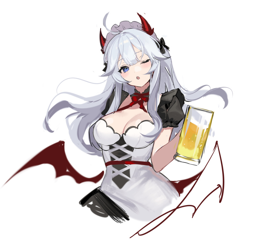 absurdres ahoge alcohol beer beer_mug blue_eyes breasts cropped_legs cup dress fei_(songyijie) female grey_hair hair_between_eyes highres holding holding_cup horns indie_virtual_youtuber large_breasts long_hair looking_at_viewer maid_headdress mug one_eye_closed red_horns short_sleeves simple_background solo vei_(vtuber) vei_(vtuber)_(4th_costume) virtual_youtuber white_background wings