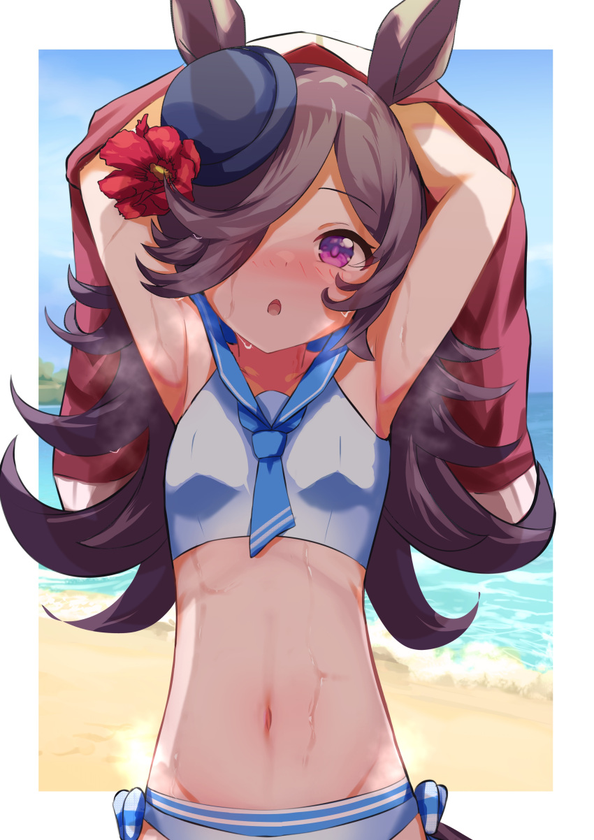 absurdres animal_ears armpits arms_up beach bikini black_hair blue_flower blue_hat blue_neckerchief blue_rose blue_sailor_collar blush breasts collarbone commentary_request cosplay female flower groin hair_over_one_eye hat hat_flower highres horse_ears horse_girl idolmaster jacket long_hair navel neckerchief purple_eyes red_jacket ribs rice_shower_(umamusume) rose sailor_bikini sailor_collar sailor_swimsuit_(idolmaster) sanami_(sanami_t_38) small_breasts solo stomach sweat swimsuit tilted_headwear tracen_training_uniform umamusume very_sweaty waves white_bikini