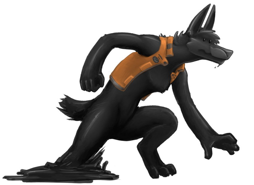 2018 3_toes 4_fingers alpha_channel ambiguous_gender anthro barefoot biped black_body black_eyes black_nose bottomless canid canine chest_tuft clothed clothing digital_drawing_(artwork) digital_media_(artwork) digitigrade featureless_crotch feet fingers fist goo_creature looking_away mammal orange_clothing orange_topwear paws running side_view simple_background small_tail solo tail toes topwear transparent_background tuft verkele walking