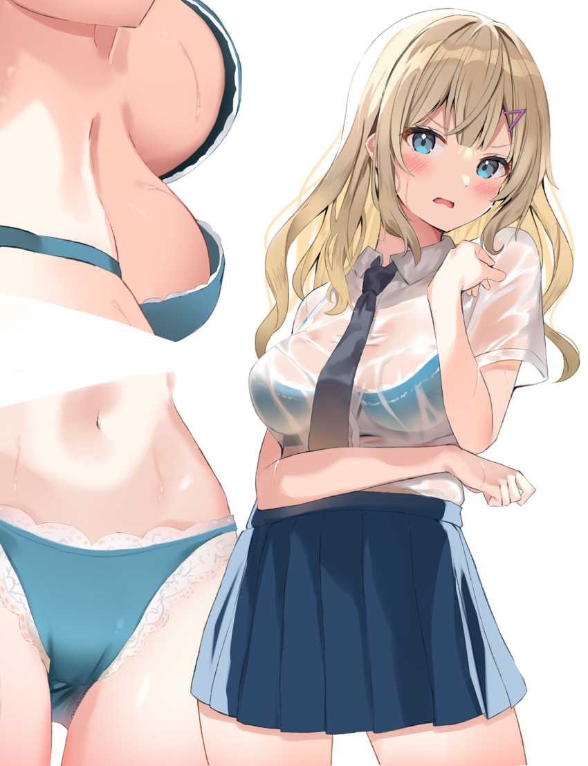 bare_shoulders black_necktie black_skirt blonde_hair blue_bra blue_eyes blue_panties blush bra breasts collarbone collared_shirt commentary_request female hair_ornament hairclip highres long_hair medium_breasts mizuki_ryuu multiple_views navel necktie open_mouth original panties pleated_skirt see-through shirt simple_background skirt underwear v-shaped_eyebrows wavy_mouth wet wet_clothes wet_shirt white_background white_shirt