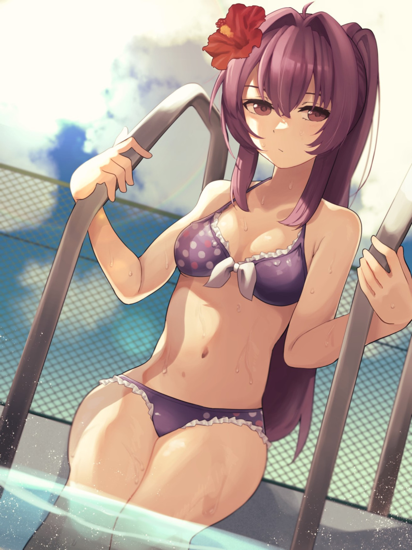 bikini blush breasts chain-link_fence cleavage closed_mouth commentary female fence flower frilled_bikini frills hair_flower hair_ornament highres long_hair looking_at_viewer navel outdoors polka_dot polka_dot_bikini ponytail pool pool_ladder purple_bikini purple_eyes purple_hair sitting small_breasts solo sugiura_ayano swimsuit tennosuke_(tejons) wet yuru_yuri