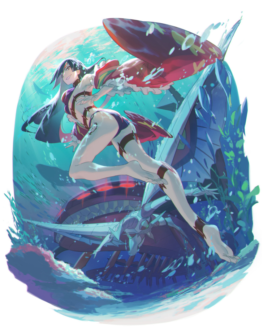 adiane air_bubble anklet barefoot bikini blue_hair breasts bubble choker cleavage eyepatch female freediving full_body highres jewelry knee_up large_breasts leg_tattoo long_hair misossu red_eyes solo swimsuit tattoo tengen_toppa_gurren_lagann underwater