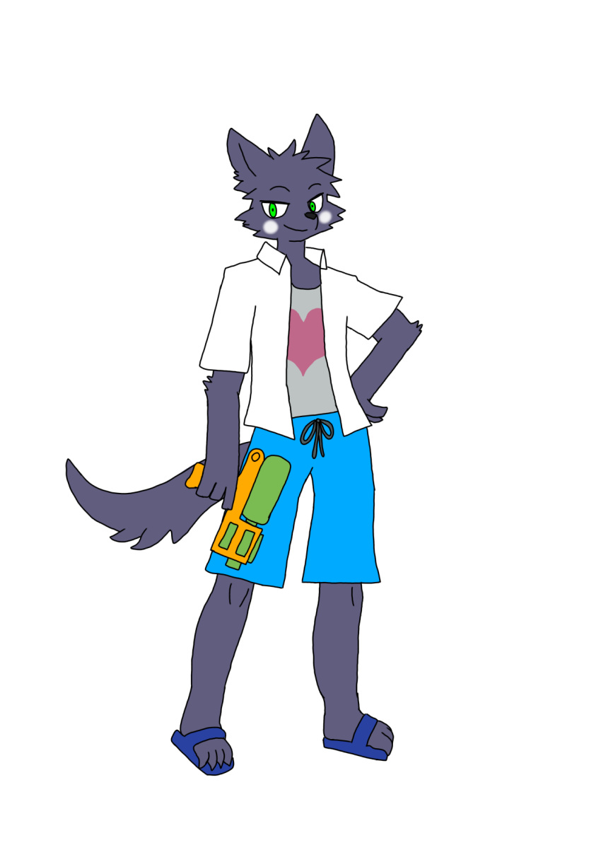 anthro canid canine canis clothed clothing fur gholoxy34 grey_body grey_fur hi_res kemono male mammal nifram_logan solo songkran toy toy_gun water_gun wolf