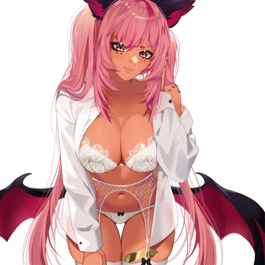 animal_ears black_bow bow bow_panties bra breasts brown_eyes cleavage closed_mouth collarbone collared_shirt dark-skinned_female dark_skin eyelashes facial_mark female garter_belt heart heart_facial_mark highres indie_virtual_youtuber lace_garter_belt large_breasts leaning_forward long_hair long_sleeves low_wings navel open_clothes open_shirt panties pink_hair raituna second-party_source shirt solo thigh_gap thighhighs trickywi underwear virtual_youtuber white_bra white_garter_belt white_shirt white_thighhighs wings