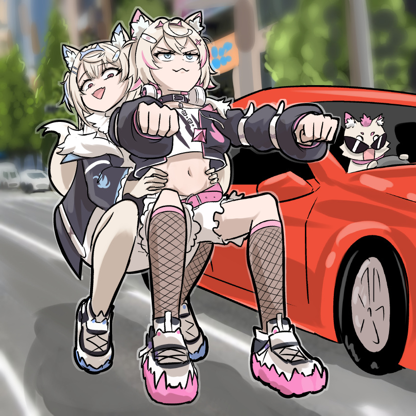 2girls :3 absurdres bandaid bandaid_hair_ornament belly_grab belt black_jacket blonde_hair blue_eyes blue_hair blue_hairband building car colored_shoe_soles commentary crazy_frog cropped_jacket cropped_shirt dog_tail dunkemz english_commentary fishnet_socks fishnets full_body fur-trimmed_jacket fur_collar fur_trim fuwawa_abyssgard fuwawa_abyssgard_(1st_costume) hair_ornament hairband hairpin headphones highres hololive hololive_english invisible_object invisible_vehicle jacket long_sleeves looking_at_another mococo_abyssgard mococo_abyssgard_(1st_costume) motor_vehicle multicolored_hair multiple_girls navel off_shoulder open_clothes open_jacket outdoors pendant_choker pink_belt pink_eyes pink_hair pink_hairband road ruffian_(fuwamoco) shirt shoes shorts siblings sisters sitting smug sneakers socks stomach streaked_hair tail tree triangle_mouth twins two-tone_hair v-shaped_eyebrows virtual_youtuber white_footwear white_shirt white_shorts x_hair_ornament