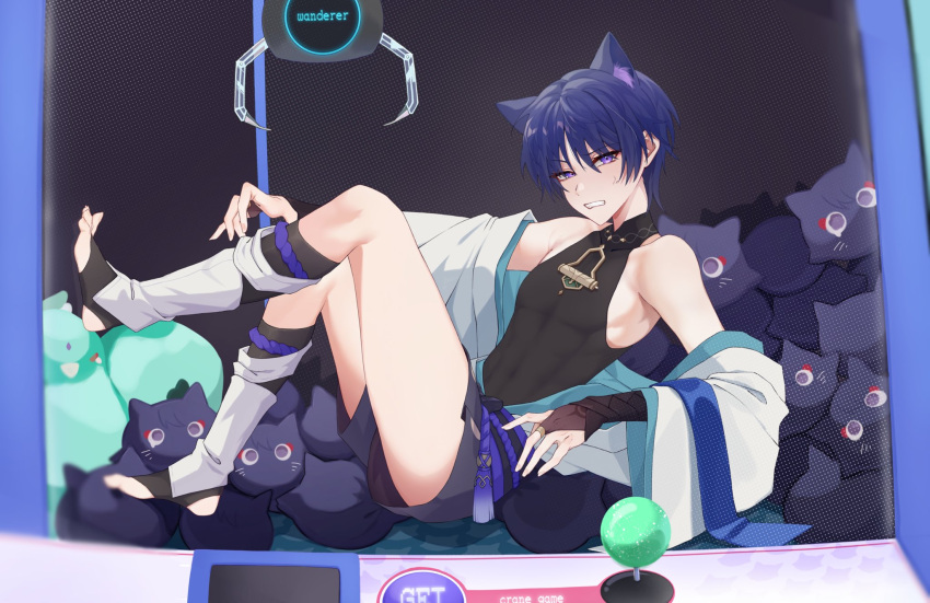 1boy androgynous armpit_crease armpits bare_shoulders black_shirt blue_hair bridal_gauntlets character_name chobonu dutch_angle feet foot_up full_body genshin_impact highres in_crane_game japanese_clothes leg_warmers legs looking_at_viewer male_focus no_shoes off_shoulder purple_eyes scaramouche_(cat)_(genshin_impact) scaramouche_(genshin_impact) shirt short_hair short_shorts shorts skin_tight sleeveless sleeveless_shirt solo stirrup_legwear stuffed_animal stuffed_cat stuffed_toy sweatdrop thighs toeless_legwear toes toned toned_male wanderer_(genshin_impact) wide_sleeves