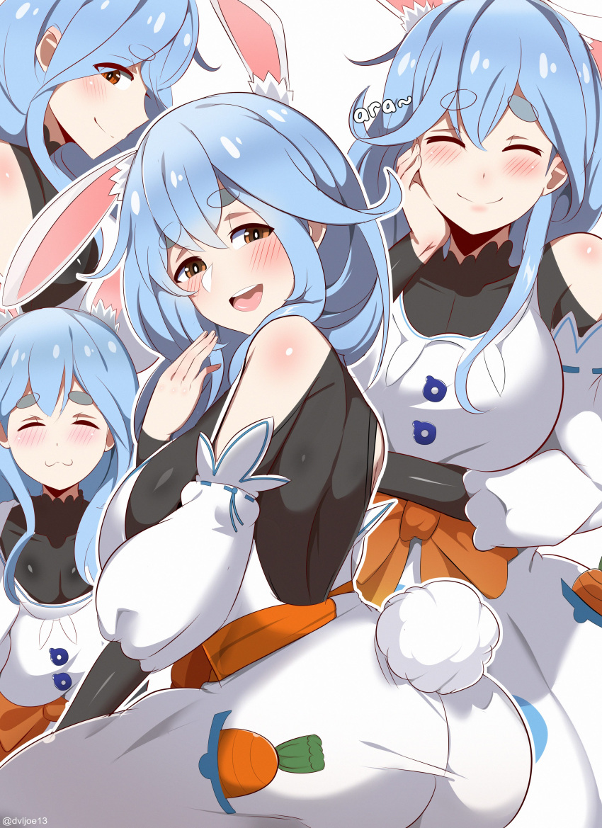 absurdres animal_ear_fluff animal_ears black_bodysuit blue_hair bodysuit breasts brown_eyes carrot character_request check_character closed_eyes closed_mouth dress dvljoe female hand_on_own_cheek hand_on_own_face highres hololive large_breasts long_hair mature_female multicolored_hair open_mouth pekomama rabbit_ears rabbit_girl rabbit_tail short_eyebrows simple_background smile solo streaked_hair tail thick_eyebrows virtual_youtuber white_background white_dress white_hair