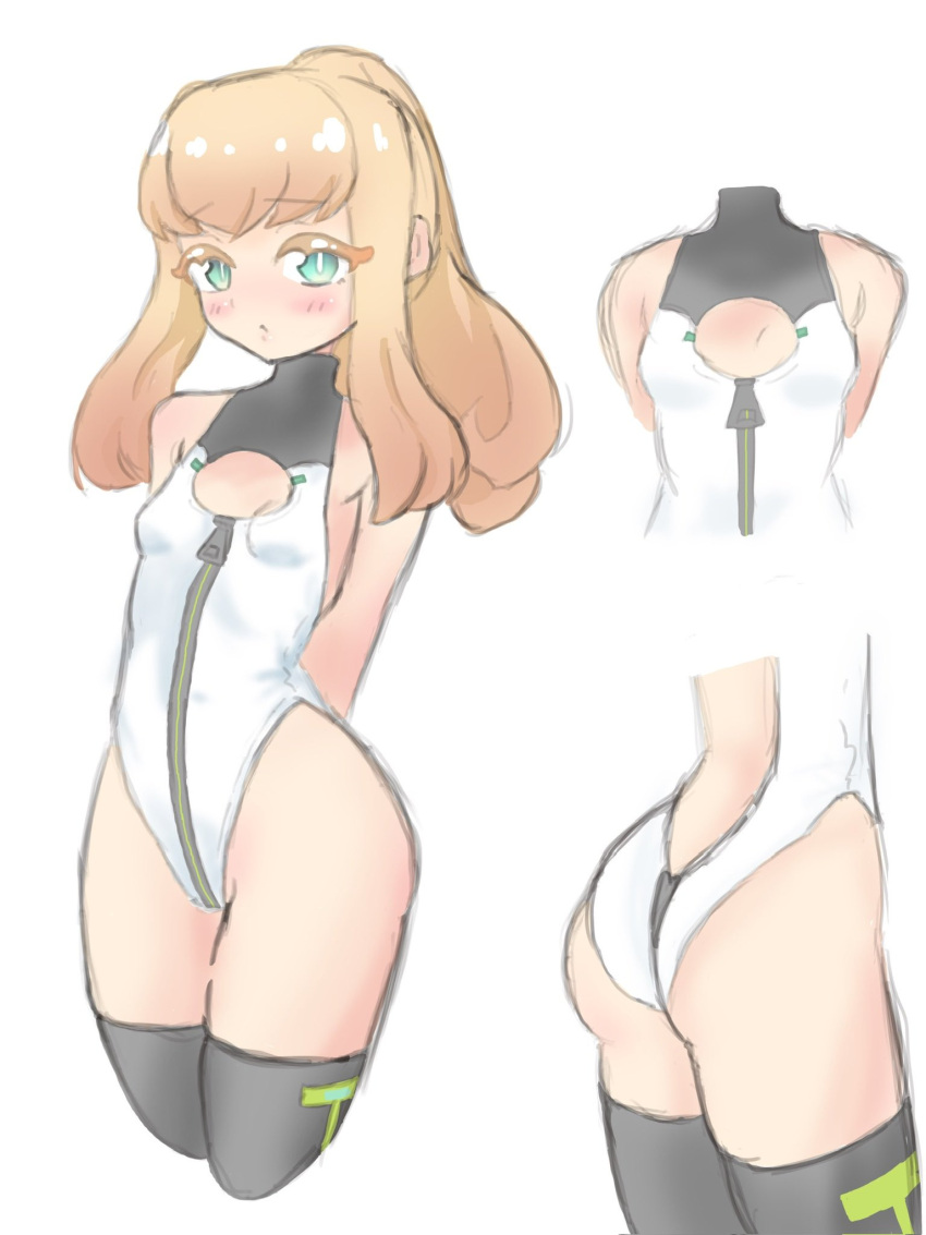 alice_gear_aegis ameno_rain8_26 bare_shoulders blonde_hair breasts center_opening circle_cutout cleavage_cutout closed_mouth clothing_cutout companion/af female front_zipper green_eyes groin highleg highleg_leotard highres leotard long_hair looking_at_viewer multiple_views noelle_francesca ponytail sidelocks simple_background sleeveless_turtleneck_leotard small_breasts thighhighs turtleneck turtleneck_leotard two-tone_leotard white_background white_leotard zipper_leotard zipper_pull_tab