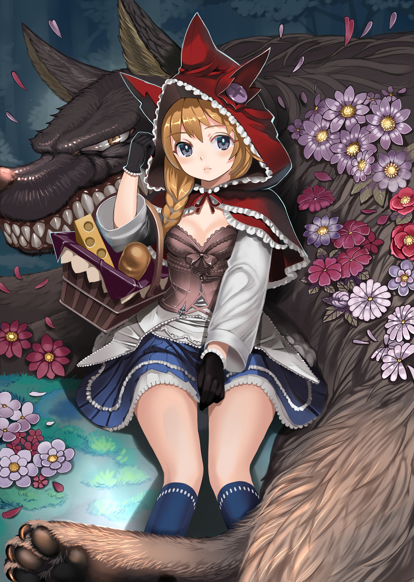 bad_id bad_pixiv_id basket black_eyes black_gloves blue_legwear blush braid bread breasts brown_hair cheese cleavage female flower food frills frown gloves highres hood kneehighs little_red_riding_hood_(lord_of_vermillion_iii) long_hair looking_at_viewer lord_of_vermilion lord_of_vermilion_iii medium_breasts outdoors petals ryou_(effort) sitting skirt slit_pupils socks teeth wolf