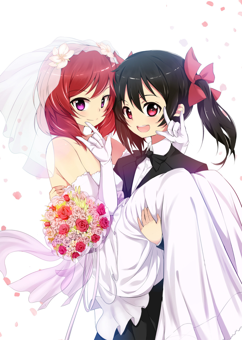 2girls \m/ black_hair bouquet bridal_veil bride caibao_return carrying commentary double_\m/ dress elbow_gloves flower gloves groom hair_flower hair_ornament hair_ribbon highres looking_at_viewer love_live! love_live!_school_idol_project multiple_girls nico_nico_nii nishikino_maki open_mouth petals princess_carry purple_eyes red_eyes red_hair ribbon rose strapless strapless_dress tuxedo twintails veil wedding wedding_dress wife_and_wife yazawa_nico yuri