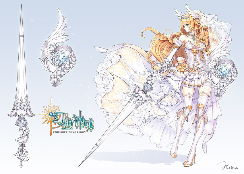 astraea_(aura_kingdom) aura_kingdom bare_shoulders blonde_hair boots chinese_commentary commentary_request copyright_name detached_collar female high_heel_boots high_heels kimu_(nearfish) knee_boots long_hair photoshop_(medium) profile shield solo thighhighs tiara veil walking weapon white_footwear white_thighhighs