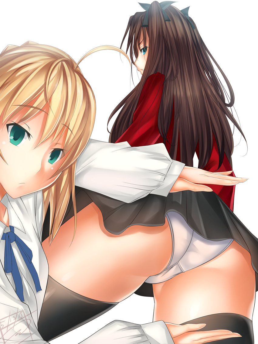 2girls ahoge artoria_pendragon_(fate) ass blonde_hair blouse commentary dress fate/stay_night fate_(series) from_below grand_prix_richmond_crackstyle_(meme) green_eyes hair_ribbon highres long_hair meme multiple_girls panties pantyshot parody pleated_skirt ribbon saber_(fate) shirt short_hair skirt standing thighhighs tohsaka_rin tony_guisado underwear upskirt zettai_ryouiki