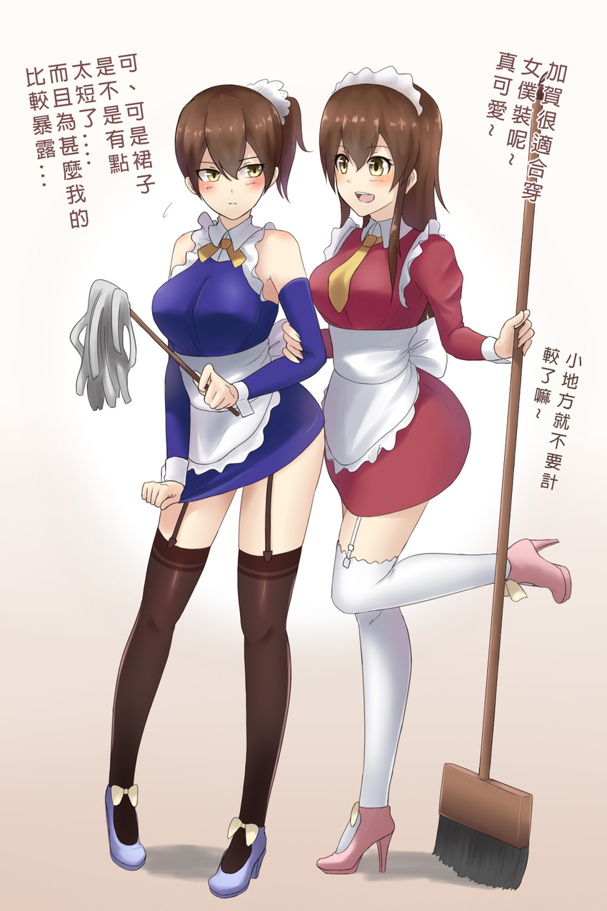 2girls akagi_(kancolle) apron bare_shoulders blush breasts broom brown_eyes brown_hair bu_li chinese_commentary chinese_text commentary_request duster garter_straps high_heels highres kaga_(kancolle) kantai_collection large_breasts maid maid_apron maid_headdress multiple_girls photoshop_(medium) side_ponytail skirt skirt_tug sweatdrop thighhighs traditional_chinese_text translated zettai_ryouiki