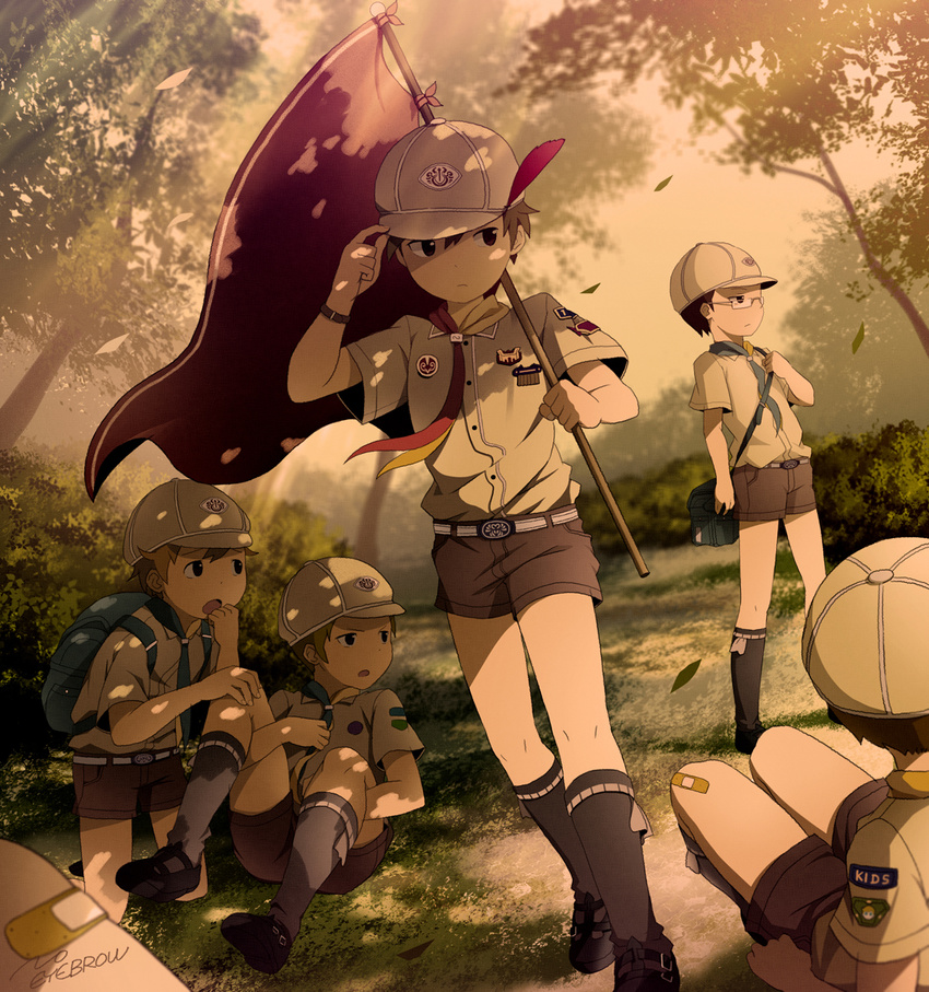 5boys artist_name bandaid bandaid_on_knee bandaid_on_leg boy_scout brown_hair commentary dutch_angle glasses grass hat highres male_focus multiple_boys noeyebrow_(mauve) original outdoors photoshop_(medium) scout_movement shoes short_hair shorts socks tree