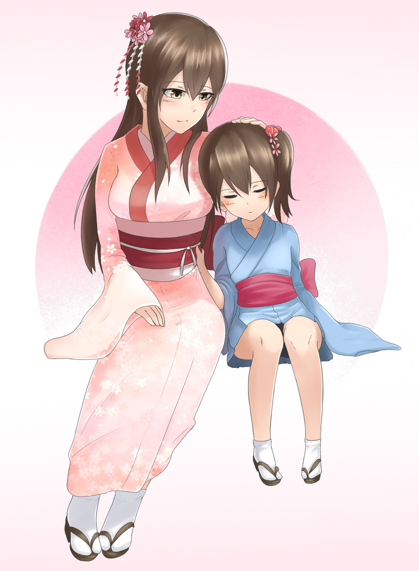 2girls age_difference age_regression aged_down akagi_(kancolle) brown_eyes brown_hair bu_li chinese_commentary closed_eyes commentary_request flower hair_flower hair_ornament hand_on_another's_head highres japanese_clothes kaga_(kancolle) kantai_collection kanzashi kimono multiple_girls sandals short_kimono side_ponytail sitting sleeping sleeves_past_wrists socks tabi tsumami_kanzashi