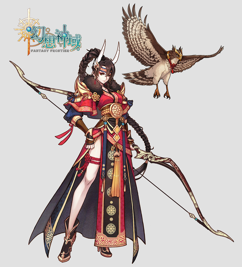 armor aura_kingdom bird black_footwear bow_(weapon) bracer braid brown_eyes brown_hair chinese_commentary circlet commentary_request copyright_name female fingerless_gloves full_body gloves hawk helmet high_heels highres kimu_(nearfish) long_hair pauldrons photoshop_(medium) ponytail shoes shoulder_armor single_braid standing thigh_strap vambraces very_long_hair weapon yumikaze_(aura_kingdom)