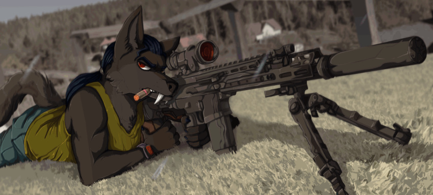 2d_animation animated anthro canid canine cigar clothed clothing gun jeanwoof looking_at_viewer lying male mammal on_front outside ranged_weapon short_playtime snow solo weapon