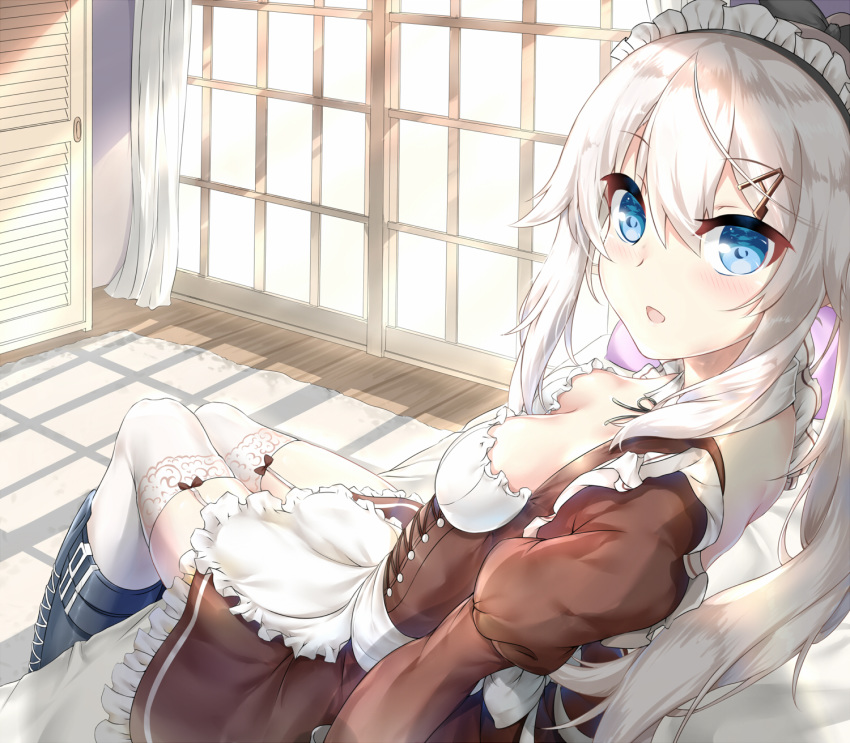 9a-91_(girls'_frontline) alternate_costume apron bed_sheet black_bow black_ribbon blue_eyes blush bow breasts chinese_commentary closed_mouth collar collarbone commentary_request curtains day dress female frilled_dress frills garter_straps girls'_frontline gradient hair_between_eyes hair_ornament hairbow head_tilt highres indoors juliet_sleeves long_hair long_sleeves looking_at_viewer maid maid_apron maid_headdress medium_breasts neck_ribbon on_bed open_mouth pillow ponytail puffy_sleeves ribbon sitting skindentation smile solo sunlight thighhighs thighs very_long_hair white_hair white_thighhighs window xin_(zinc)