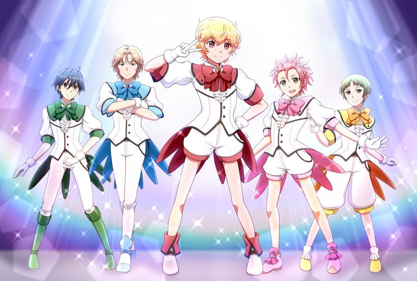 5boys battle_lover_cerulean battle_lover_epinard battle_lover_scarlet battle_lover_sulfur battle_lover_vesta binan_koukou_chikyuu_bouei-bu_love! blonde_hair blue_eyes blush boots brown_eyes commentary_request fabulous full_body glasses gloves green_hair grey_eyes hakone_yumoto hoshizukuyo kinugawa_atsushi magical_boy male_focus multiple_boys naruko_io open_mouth pink_hair red_eyes smile v yufuin_en zaou_ryuu