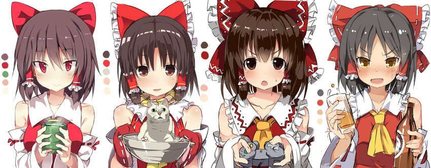 4girls :d :o alcohol animal animal_hands ascot beer beer_bottle benikurage_(cookie) benjamin_button_suukina_jinsei black_hair blush bottle bow brown_eyes brown_hair cable chestnut_mouth closed_mouth collar collarbone color_guide commentary_request controller cookie_(touhou) cup detached_sleeves drink drunk eyebrows feline frilled_shirt_collar frills game_controller gamecube_controller gloves hair_tubes hairbow hakurei_reimu highres holding holding_bottle holding_cup kanna_(cookie) liquid long_sleeves looking_at_viewer miura_cat multiple_girls multiple_persona open_mouth partial_commentary pointy_ears red_bow red_eyes red_gloves red_ribbon red_vest reu_(cookie) ribbon ribbon-trimmed_sleeves ribbon_trim sananana_(cookie) short_hair sidelocks simple_background smile steam sweat tareme touhou tsurime upper_body v-shaped_eyebrows vest whiskers white_background white_fur yellow_eyes