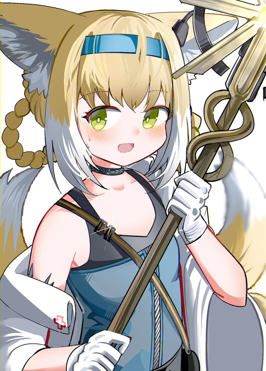 :d animal_ears arknights black_choker blonde_hair blue_dress blue_hairband blush braid choker collarbone cosplay dress female fox_ears fox_girl fox_tail gloves green_eyes hair_between_eyes hair_rings hairband highres holding kitsune looking_at_viewer multicolored_hair off_shoulder simple_background sleeveless sleeveless_dress smile solo spam_(spamham4506) sussurro_(arknights) sussurro_(arknights)_(cosplay) suzuran_(arknights) sweat tail twin_braids two-tone_hair white_background white_gloves white_hair