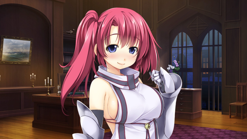 armored_gloves atelier-moo bare_shoulders blue_eyes blush breasts closed_mouth curtained_hair detached_sleeves embarrassed female hair_between_eyes highres indoors large_breasts long_hair looking_at_viewer red_hair side_ponytail sideboob smile solo spica_celest squinting standing upper_body wizards_symphony