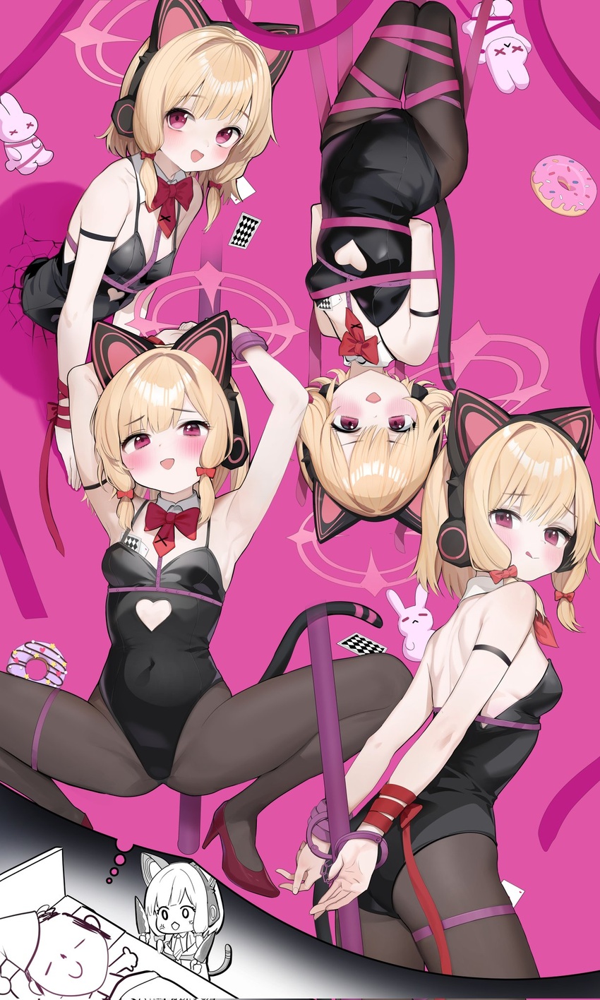 1boy anger_vein animal_ear_headphones animal_ears bare_shoulders black_leotard black_pantyhose blonde_hair blue_archive blush bound bound_wrists bow bowtie breasts card cat_ear_headphones clothing_cutout cuffs cutout_above_navel death_momoi_(meme) detached_collar doodle_sensei_(blue_archive) doughnut dreaming dual_wielding fake_animal_ears female food furrowed_brow hairbow halo handcuffs hanging headphones heart_cutout high_heels highres holding holding_knife knife leotard looking_at_viewer low-tied_sidelocks meme momoi_(blue_archive) object_in_bra open_mouth p-gnesium pantyhose pink_background pink_eyes pink_halo playboy_bunny playing_card pole rabbit_hole_(vocaloid) red_bow red_bowtie red_footwear ribbon ribbon_bondage second-party_source sensei_(blue_archive) short_hair sleeping small_breasts smile spread_legs squatting stripper_pole through_wall