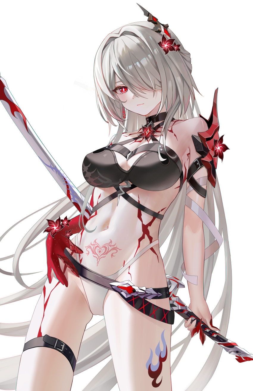 absurdres acheron_(honkai:_star_rail) bare_shoulders belt black_belt black_choker blhazx breasts chinese_commentary choker cleavage commentary_request cowboy_shot female flower grey_hair hair_flower hair_intakes hair_ornament hair_over_one_eye halterneck highres holding holding_sword holding_weapon honkai:_star_rail honkai_(series) large_breasts leg_tattoo long_hair looking_at_viewer md5_mismatch midriff navel official_alternate_color pubic_tattoo red_eyes red_flower scabbard sheath sheathed simple_background solo standing stomach sword tattoo thigh_strap thighs very_long_hair weapon white_background