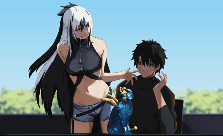 1boy bare_shoulders black_bodysuit black_hair blue_eyes bodysuit breasts crop_top cropped_shirt fate/grand_order fate_(series) female fujimaru_ritsuka_(male) hair_between_eyes highres long_hair midriff multicolored_hair nagao_kagetora_(fate) navel open_clothes paperpillar shirt short_hair shorts sleeveless smile sphinx_awlad two-tone_hair uesugi_kenshin_(fate) uesugi_kenshin_(second_ascension)_(fate) white_hair white_shorts