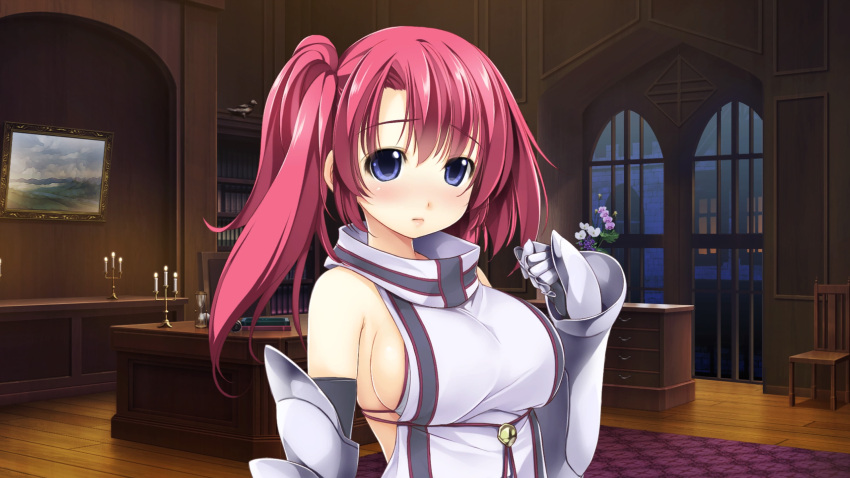 armored_gloves atelier-moo bare_shoulders blue_eyes blush breasts closed_mouth curtained_hair detached_sleeves embarrassed female hair_between_eyes highres indoors large_breasts long_hair looking_at_viewer red_hair side_ponytail sideboob solo spica_celest standing troubled upper_body wizards_symphony