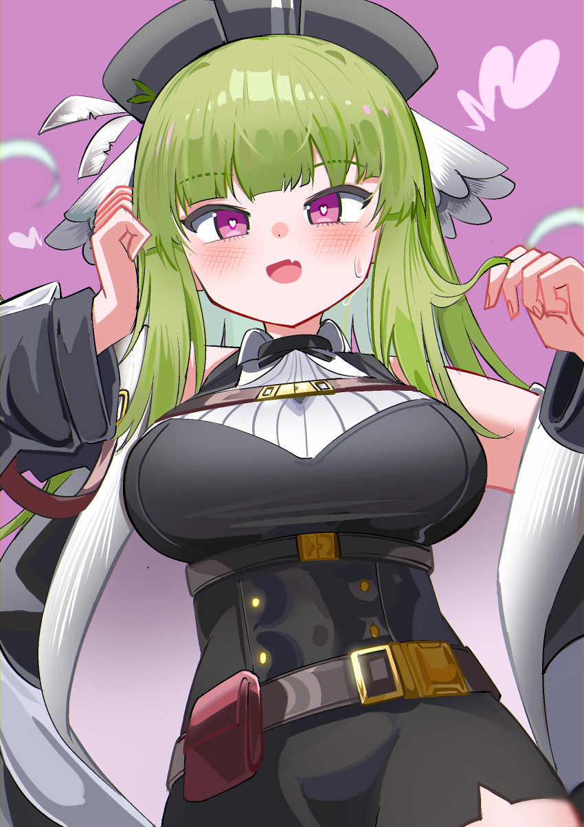 :d arknights bare_shoulders black_dress black_hat blush breasts dress female green_hair hands_up hat heart heart-shaped_pupils highres large_breasts long_hair long_sleeves looking_at_viewer oerba_yun_fang poncirus_(arknights) puffy_long_sleeves puffy_sleeves purple_background purple_eyes simple_background smile solo spam_(spamham4506) symbol-shaped_pupils