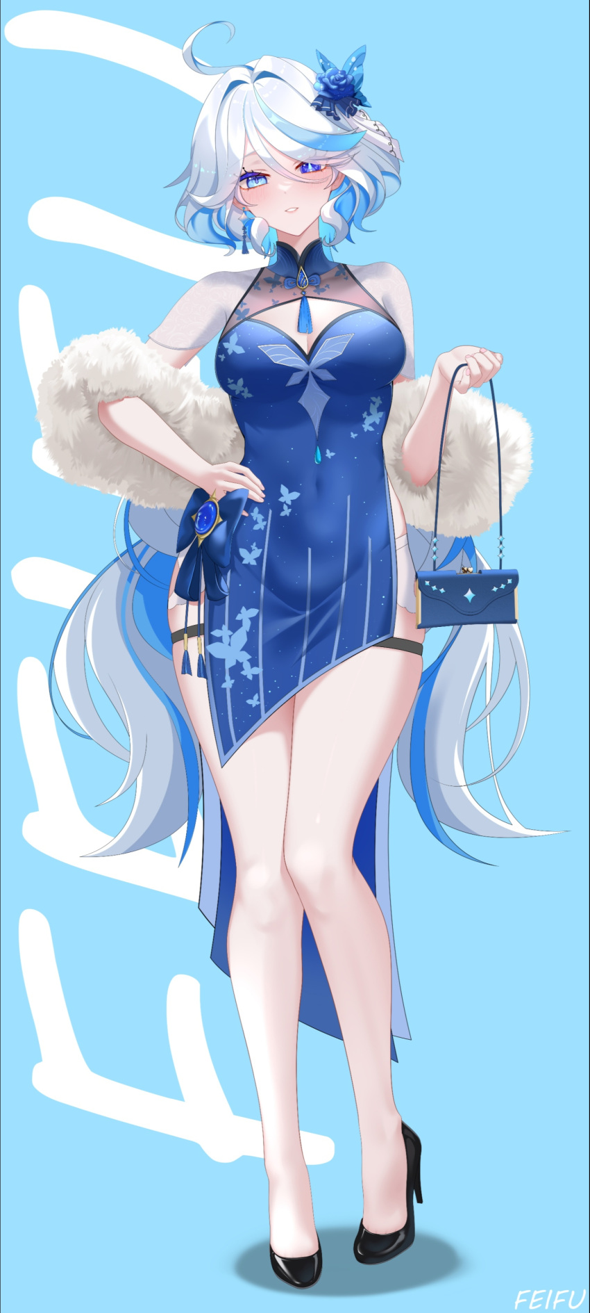 absurdres ahoge alternate_costume bag bare_legs black_footwear blue_background blue_dress blue_eyes blue_hair breasts cleavage cleavage_cutout clothing_cutout commentary_request covered_navel dress feifu female full_body furina_(genshin_impact) genshin_impact hair_intakes high_heels highres holding holding_bag long_hair looking_at_viewer medium_breasts multicolored_hair parted_lips short_sleeves simple_background solo standing streaked_hair thigh_strap thighs very_long_hair white_hair