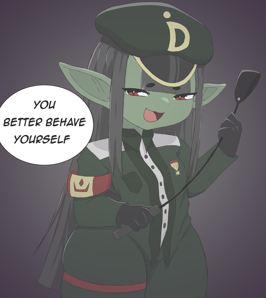 absurd_res black_hair clothing dialogue digeldickerson dwarfism english_text female goblin green_body green_clothing green_hat green_headwear hair hat headgear headwear hi_res holding_object holding_whip humanoid humanoid_pointy_ears long_hair looking_at_viewer medal military_cap military_uniform open_mouth red_eyes short_stack simple_background solo talking_to_viewer teasing text thick_thighs tongue uniform whip