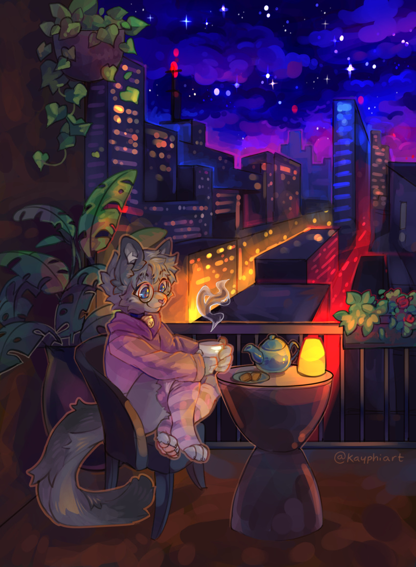 absurd_res anthro balcony bell beverage blue_collar blue_eyes chair city city_background city_lights city_skyline cityscape claw_slits clothed clothing collar container cup detailed_background digital_media_(artwork) dipstick_ears dipstick_tail domestic_cat ear_markings egyptian_mau eyewear felid feline felis flower footwear fur furniture glasses gold_bell grey_body hair hi_res hoodie kayphi leg_warmers legwear male mammal markings mug multicolored_ears nixuelle on_chair outside pink_clothing pink_hoodie pink_nose pink_topwear plant sitting sitting_on_chair sky smile socks solo star steam table tail tail_markings tea teapot thigh_highs thigh_socks topwear