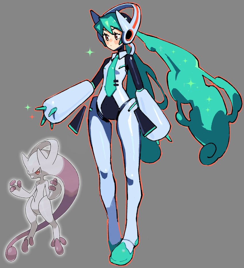 adapted_costume aqua_hair aqua_necktie arm_at_side armor bodysuit brown_eyes collared_shirt commentary crossover english_commentary female full_body green_footwear green_hair grey_background hatsune_miku headphones highres joints kaatokun long_hair looking_ahead low_twintails mega_mewtwo_y mewtwo necktie pokemon project_voltage reaching red_eyes robot_joints shirt simple_background sparkle standing tie_clip twintails very_long_hair vocaloid