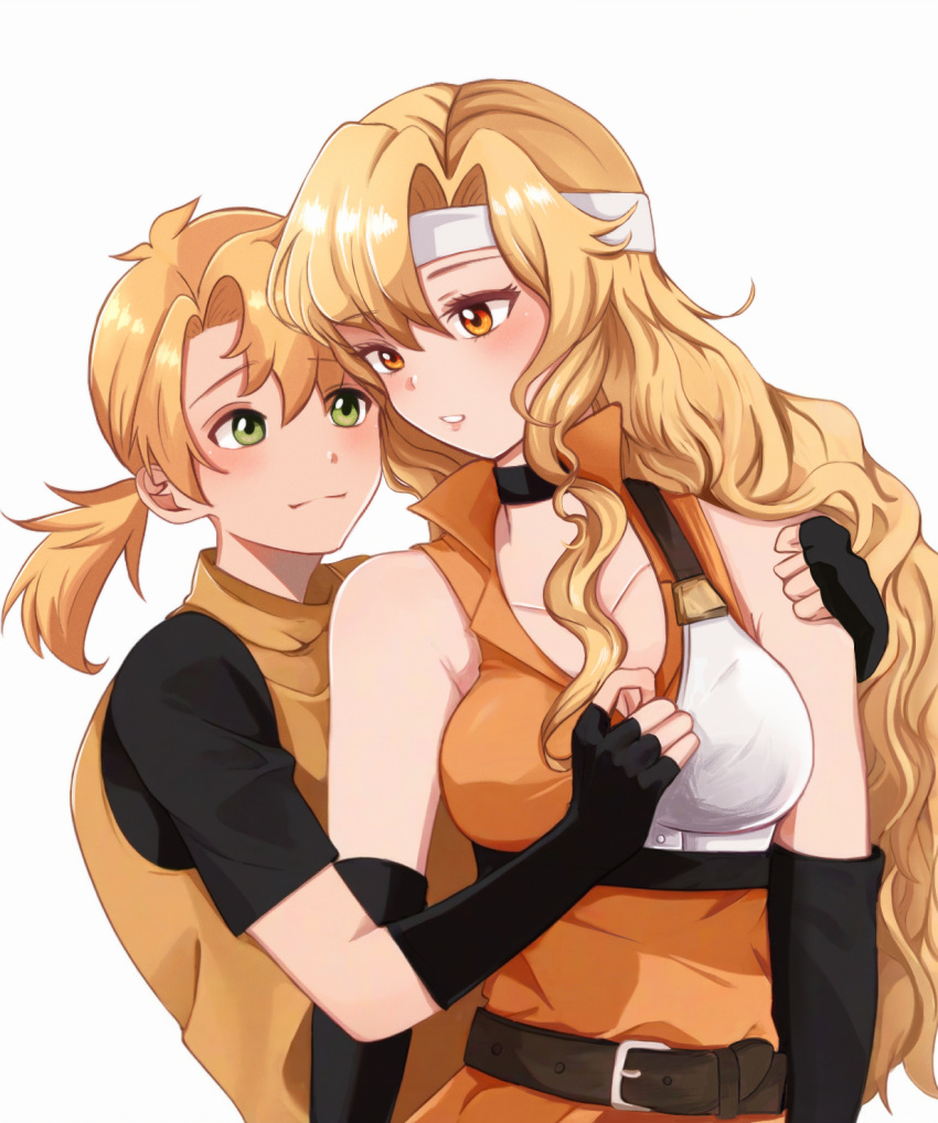 1boy belt black_choker black_gloves breasts brigid_(fire_emblem) choker couple dew_(fire_emblem) female fingerless_gloves fire_emblem fire_emblem:_genealogy_of_the_holy_war gloves green_eyes headband highres long_hair mazi_(pirate_archer) medium_breasts orange_eyes parted_bangs short_ponytail short_sleeves simple_background sleeveless smile standing straight white_background white_headband