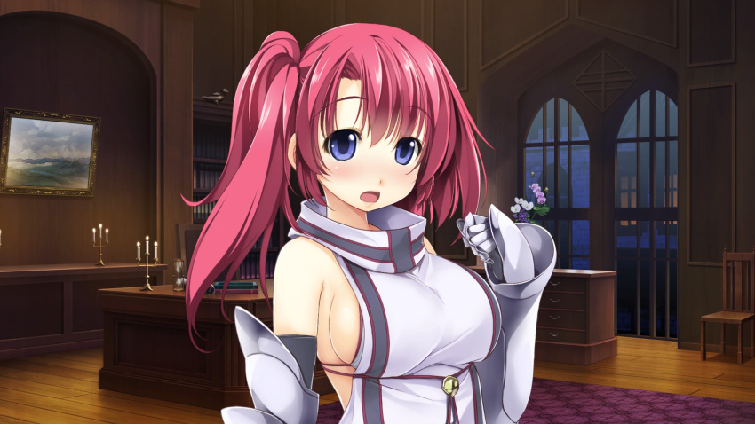 armored_gloves atelier-moo bare_shoulders blue_eyes blush breasts curtained_hair detached_sleeves embarrassed female hair_between_eyes highres indoors large_breasts long_hair looking_at_viewer open_mouth red_hair side_ponytail sideboob solo spica_celest standing surprised upper_body wizards_symphony